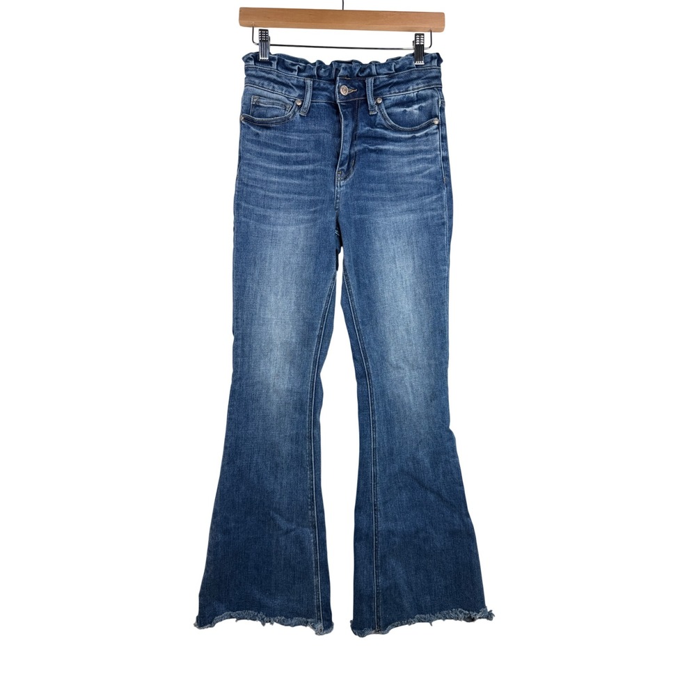 Rockin C High Rise Ruffle Waist Frayed Hem Flare Jeans size 26 Blue Denim